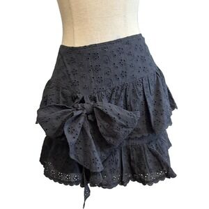 NWT Gab & Kate Black Ruffle Tiered Bow Eyelet Mini Skirt M Summer Boho Flirty